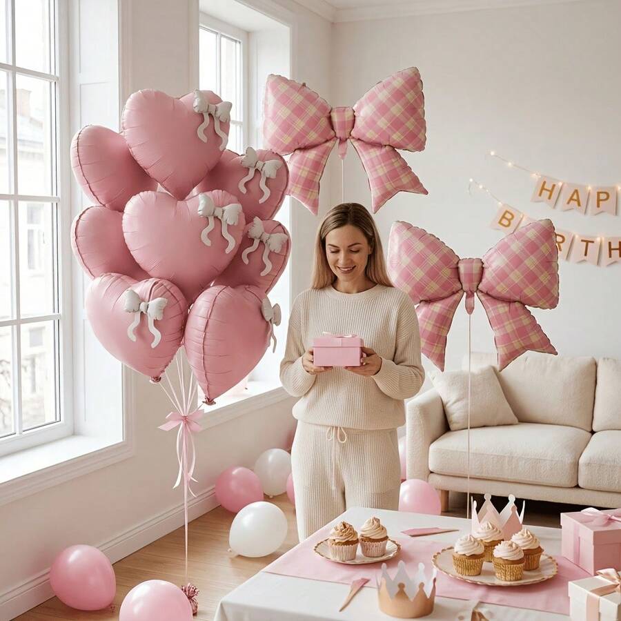 12pcs Pink Checkered Bow Balloons And Heart Balloons Set Birthday Party Decorations For Women Valentine's Galentine's Day - View 1
