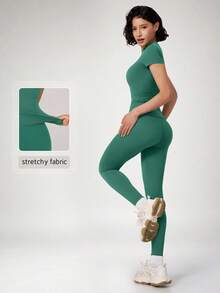 NcmRyu Women's Solid Color All-Match Versatile Casual Sportswear Gym Yoga Running Workout Set - Green - View 8