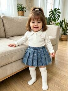 2pcs Infant/Toddler (Girl) Sweet Cool Embroidered Bow Collar Long Sleeve Top & Denim Shorts Set, Spring/Autumn Back To School Season - White - View 4