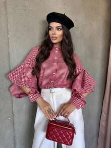 Women's Plus Size Personalized Fashion Plaid Ruffle Long Sleeve Blouse, Elegant Plus Size Long Sleeve Plaid Shirt, Ideal Choice For All Seasons Dating And Commuting, Autumn Essential, Suitable For Work Commute, Daily Dating And Street Wear - Red and White - View 2
