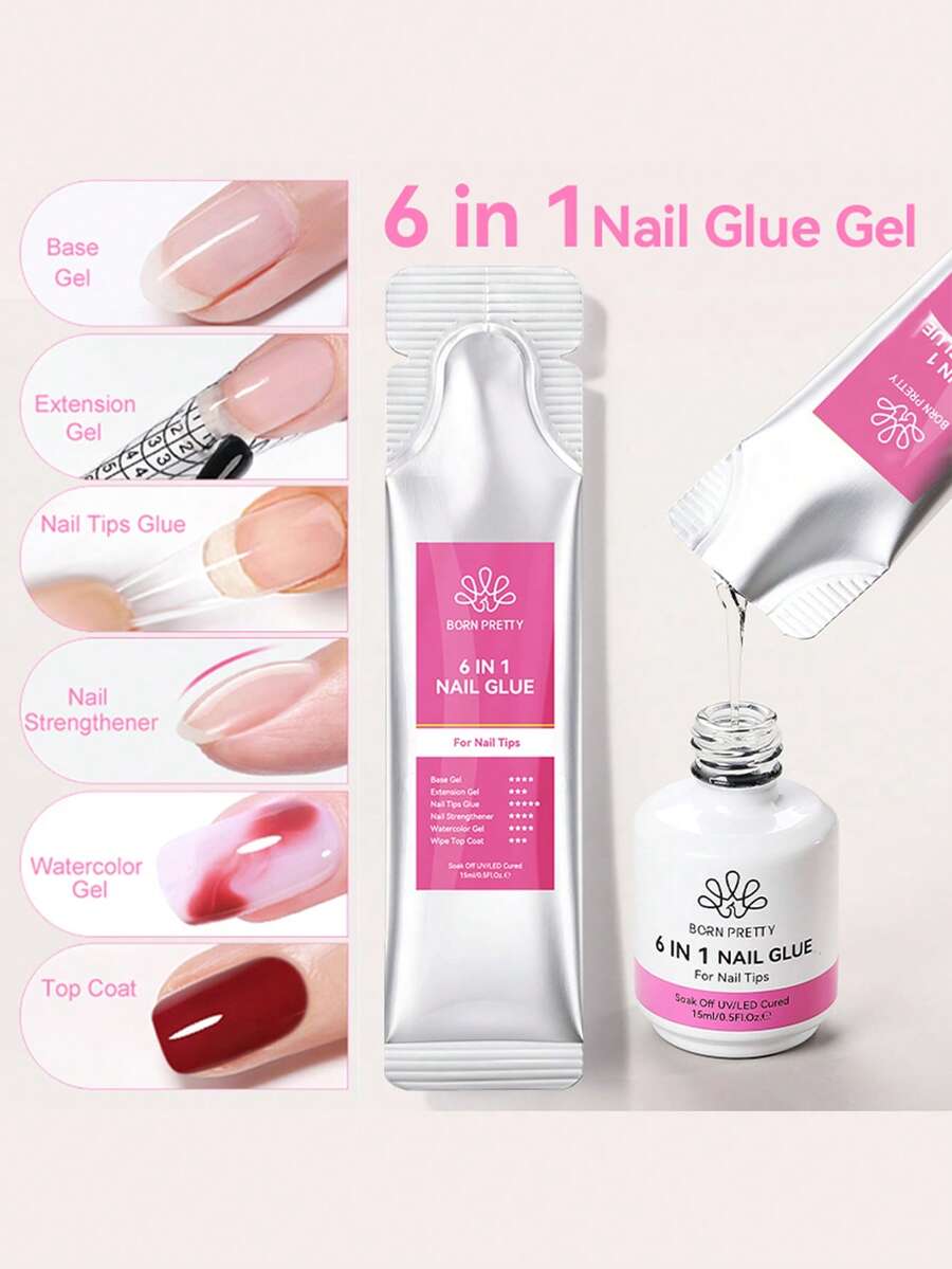 BORN PRETTY 15g 6-In-1 Nail Gel Polish, Multi-Function Clear Soak-Off Base Coat & Top Coat, UV Extension Watercolor Nail Art - 1 Set - View 1