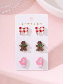 3 Pairs/Set Christmas Cute Gingerbread Man Bow Enamel Design Women's Earrings Set, Perfect Gift For Holiday Parties - Baby Pink - View 1