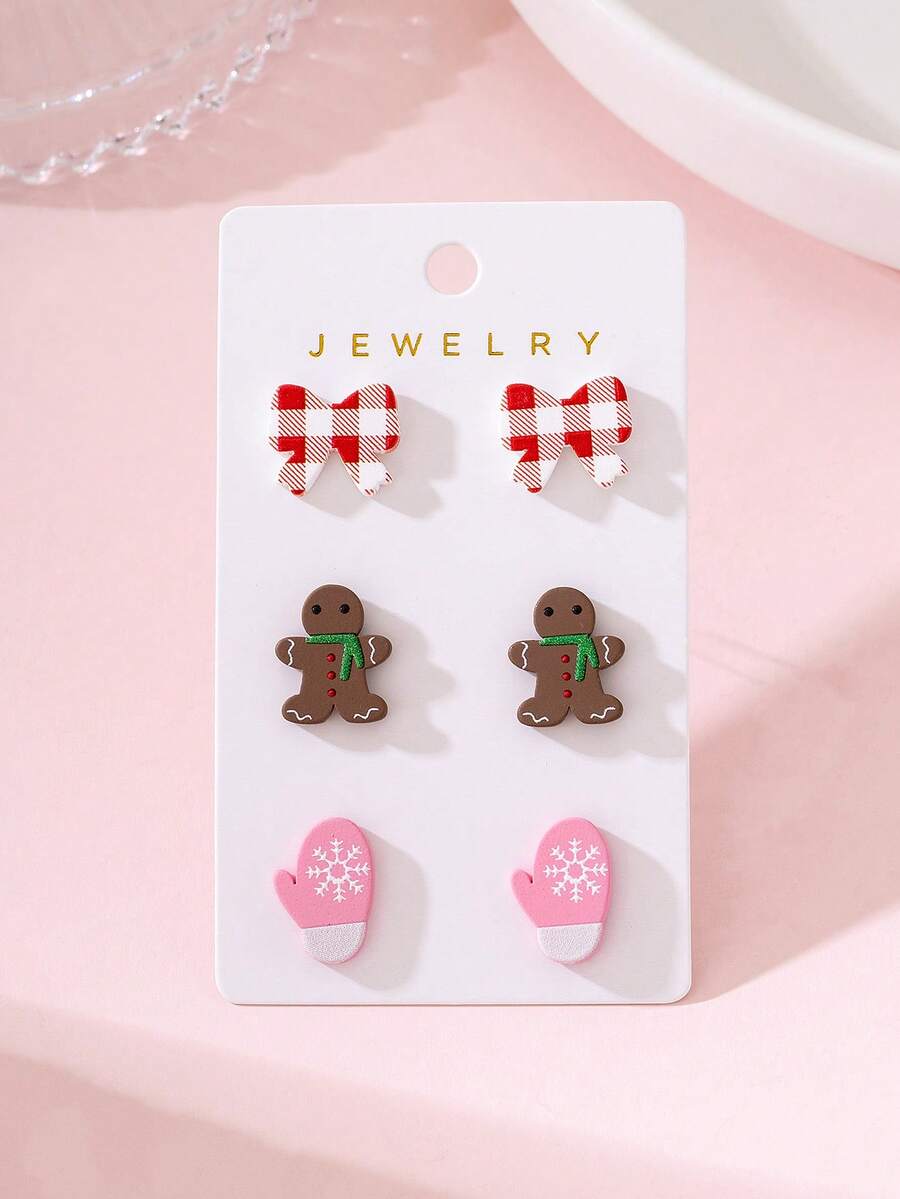 3 Pairs/Set Christmas Cute Gingerbread Man Bow Enamel Design Women's Earrings Set, Perfect Gift For Holiday Parties - Baby Pink - View 1
