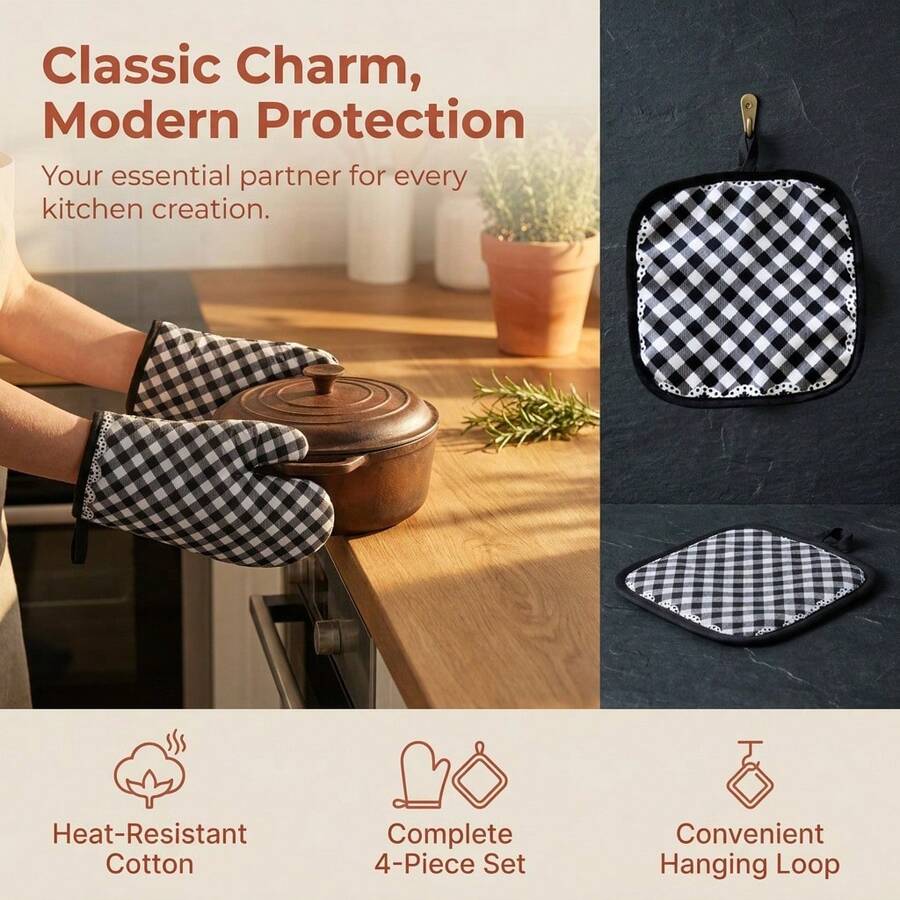 Heat-Resistant Gloves And Pads Set, Fashionable Printed Pattern, Suitable For Baking, Cooking, Grilling - View 1