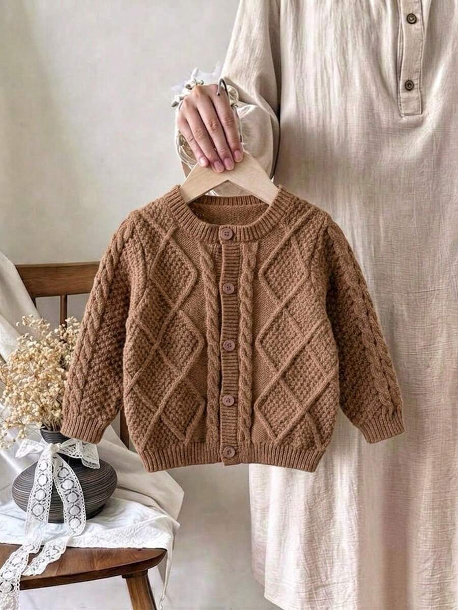 Baby Boy Preppy Solid Color Argyle Knit Cardigan Sweater, Suitable For School Daily Wear In Spring, Autumn And Winter - Brown - View 1