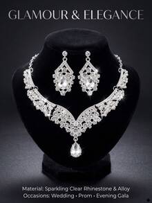 Set Perhiasan Pengantin 3 Buah Kalung & Anting Perak, Aksesori Pesta Pernikahan Elegan - Perak - View 6