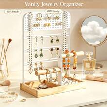 4-In-1 Jewelry Display Stand, White Metal & Natural Wood Earring, Necklace, Ring, Bracelet Storage Rack, Desktop Vanity Jewelry Organizer Box, Home & Shop Dual Use - White - View 8
