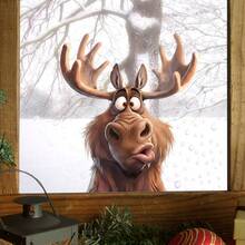 1pc 2D Christmas Reindeer Window Sticker With Face And Tongue Out Light String Tree, Festive And Cozy - Multicolor - View 2
