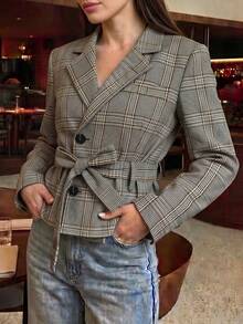 minisummer Women's Elegant Autumn Plaid Stand Collar Short Jacket, Front Button Long Sleeve Coat With Self-Tie Waist And Ruffle Hem, Slim Fit - Multicolor - View 10