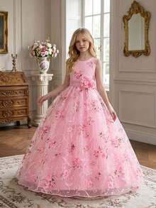 Tween Girls Floral Print Mesh Elegant Birthday Party Dress, Excluding Headband - Pink - View 2