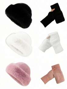 Set Topi dan Sarung Tangan Bulu Halus Musim Dingin Wanita 2 Buah, Memadukan Gaya Eropa dan Korea, Topi Hangat Tebal Berwarna Polos, Menggabungkan Kepraktisan dan Keserbagunaan, Cocok untuk Berbagai Acara - MultiWarna - View 12
