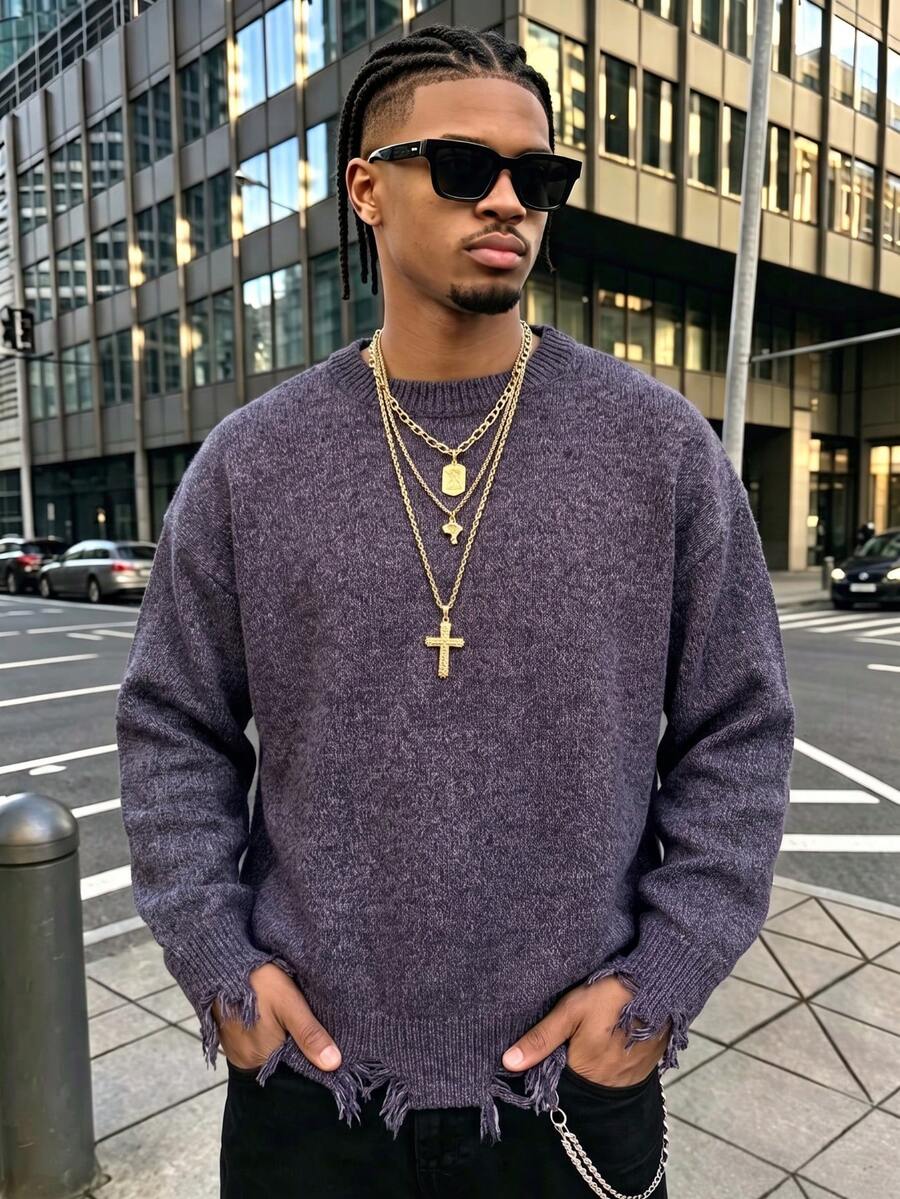 ANDREILEE Spring/Summer New Solid Color Streetwear High-Street Distressed Design Niche Design Loose Comfortable Long Sleeve Cropped Knit Sweater - Purple - View 1