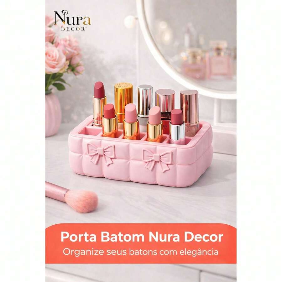Porta Batom Decorativo Nura Decor – Organizador de Maquiagem com 8 Divisórias | Porta Batons e Gloss para Penteadeira - Rosa Bebê - Visão 1