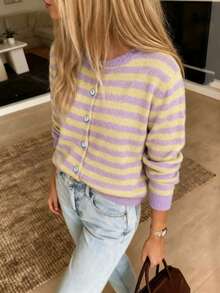 Women's Striped Knit Ribbed Button Front Long Sleeve Cardigan, Elegant Casual For Daily Wear, Country Concert, Vacation, Spring, Autumn, Winter - Purple + Yellow - View 3