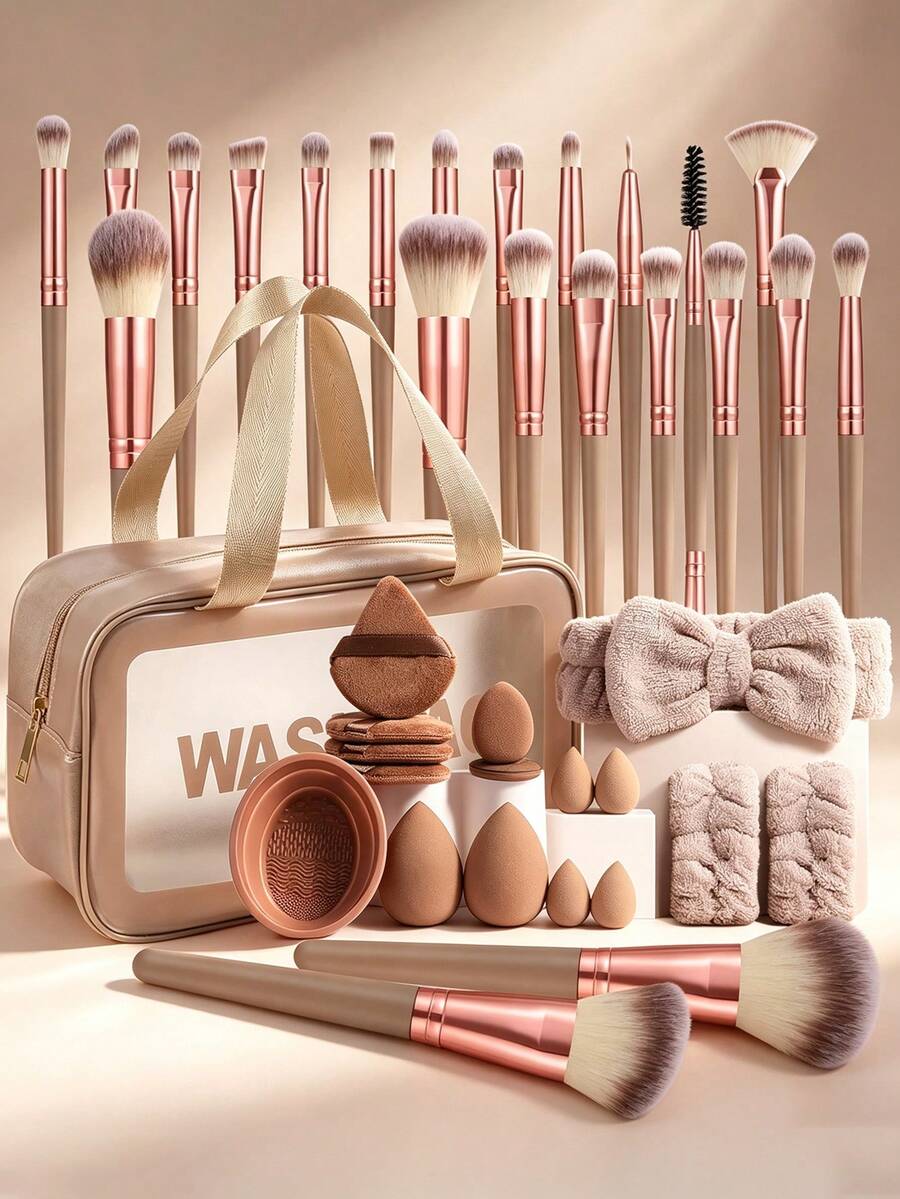 39 Pcs/25 Pcs/5 Pcs Total Makeup Tool Kit, Including 22 Pcs Champagne Rose Three‑Color Makeup Brushes,16 Pcs Makeup Accessories And One Medium Coffee Storage Bag. The Independent Bag Organizes Tools Well For Easy Carrying And Outdoor Makeup. - Multicolor - View 1