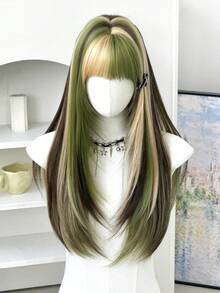 7JHH WIGS 26 Inch Green & Golden Highlight Wig With Bangs Long Layered Straight Hair Wigs For WomenNatural Looking Synthetic Heat Resistant Fiber Wig For Daily Wear, Hallowmas Party Cosplay Use - Multicolor - View 4