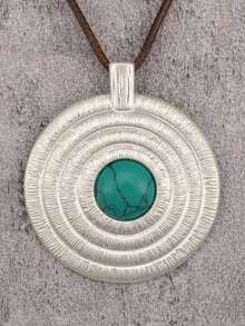 1pc Bohemian Western Cowboy Style Double Layer Asymmetrical Oval Ring Pendant Necklace With Faux Turquoise Inlay, Halloween Party Gathering Daily Accessory, Unisex Couple Necklace - Wax Rope - View 6