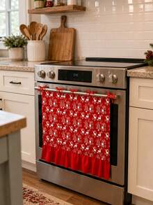 Christmas Oven & Dishwasher Door Curtain, Red Background With White Reindeer & Christmas Tree Print, Ruffled Edge With Red Bow, Holiday Kitchen Stove Decoration, Winter Home Party Kitchen Entryway Cabinet Decor Accessory - Red - View 9
