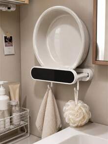1pc Wall Mounted Wash Basin Holder, Plastic Bathroom Organizer With Adhesive Installation, No Drilling Space Saving Basin Storage Rack With Double Hooks, Washbasin Hanger For Bathroom, Laundry Room, Kitchen Organisation & Bathroom Accessories - Multicolor - View 5