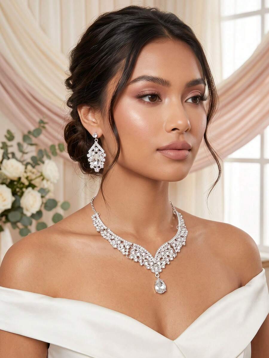 Set Perhiasan Pengantin 3 Buah Kalung & Anting Perak, Aksesori Pesta Pernikahan Elegan