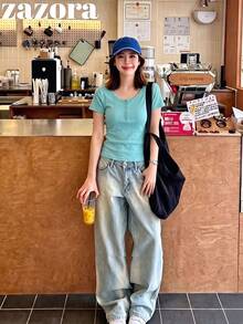 Kaos Wanita Lengan Pendek Leher Rendah Tipis Warna Hijau Muda Gaya Korea, Atasan Crop Pas Badan - Hijau muda - View 1