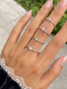 outingfit 1 chiếc nhẫn nhiều lớp mới cho nữ, thiết kế độc đáo, nhẫn ngón tay đính đá rhinestone tối giản tinh tế, phụ kiện tay thời trang đa năng - Bạc - Xem 1