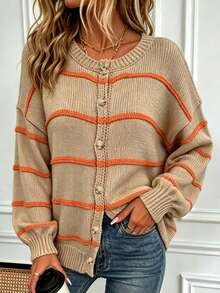 Plus Size Women's Colorblock Striped Knit Cardigan, Round Neck Button-Up Loose Chunky Knit Sweater - Khaki - View 8