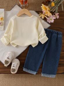 Baby Girl Spring/Autumn New Bohemian Style 2-Piece Set, 3D Multicolor Floral Round Neck Long Sleeve T-Shirt Top And Multicolor Floral Embroidered Denim Long Pants - Apricot - View 2