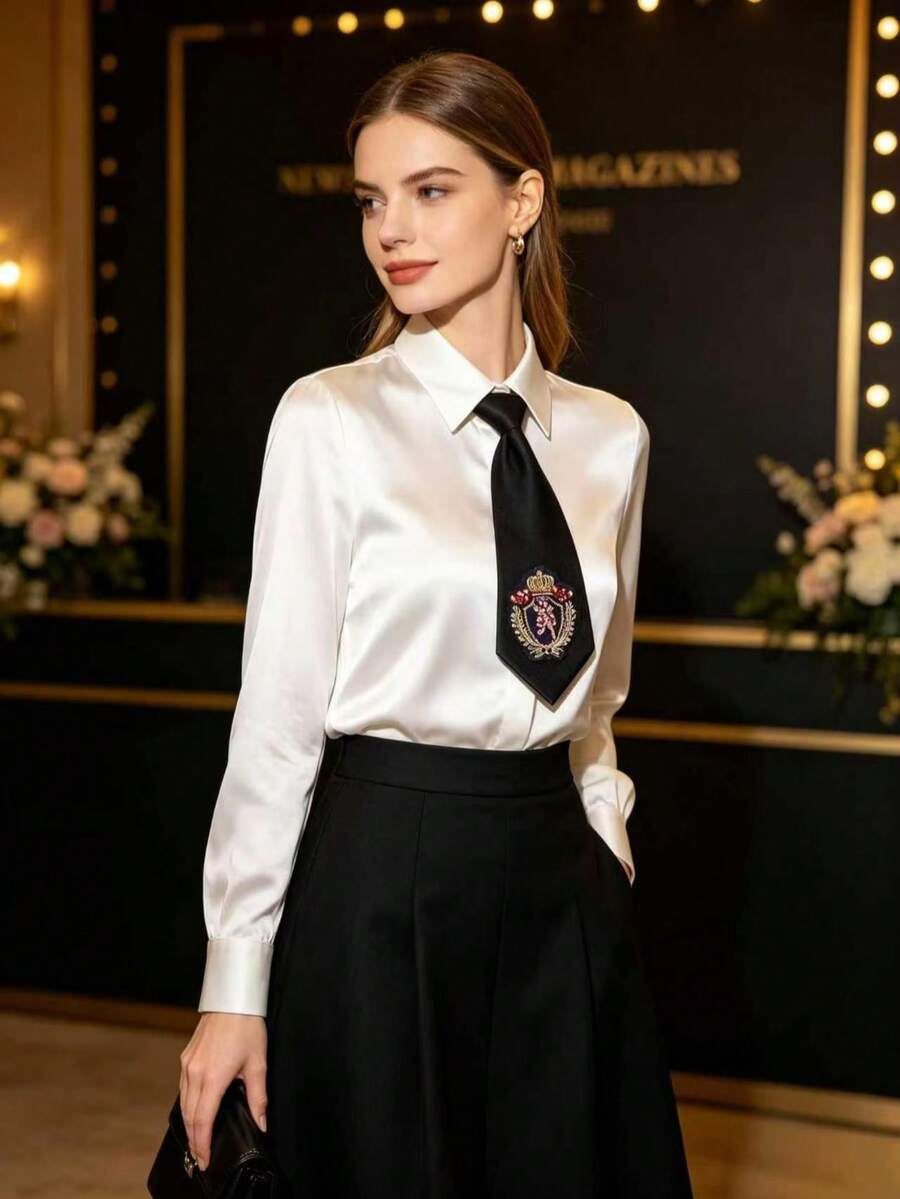 1pc JK School Style Tie-Free Women's Crown Emblem Embroidered Tie, Slouchy Zipper Design Black Versatile Shirt Accessory
