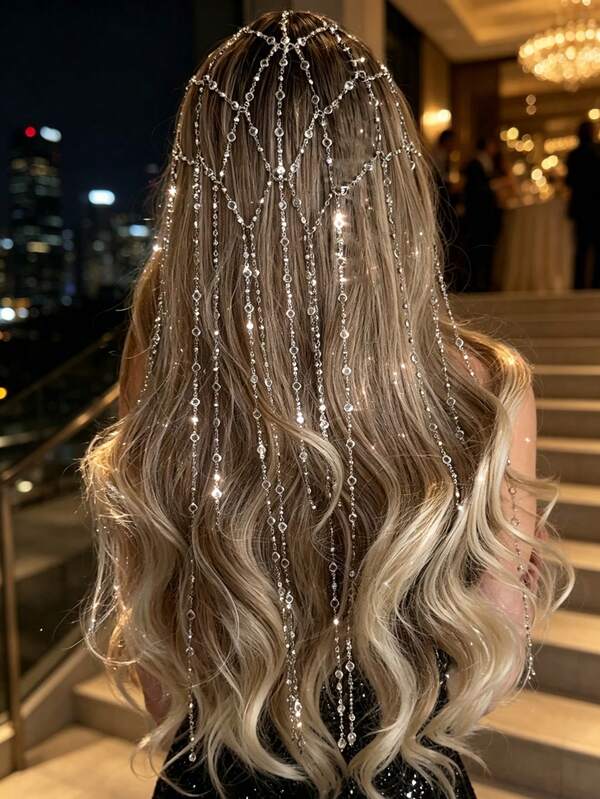 Cadena de pelo elegante y brillante con malla hueca y accesorio de pelo con borla, versátil para fiestas y uso diario