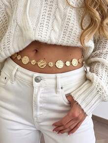 1pc Bohemian Style Geometric Hollow Round Patchwork Chain Gold Metal Waist Chain, Personalized Simple Sexy Women Body Chain, Punk Style Women Fashion Waist Accessory, Gift For Any Holiday, Festival Style - Gold - View 2