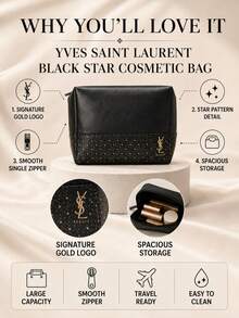 YSL Tas kosmetik Saint Laurent motif bintang berwarna hitam, ukuran 26,5 x 15,5 cm, kapasitas besar, resleting halus untuk memudahkan pembersihan, cocok untuk menyimpan kosmetik saat bepergian. - Hitam - View 5