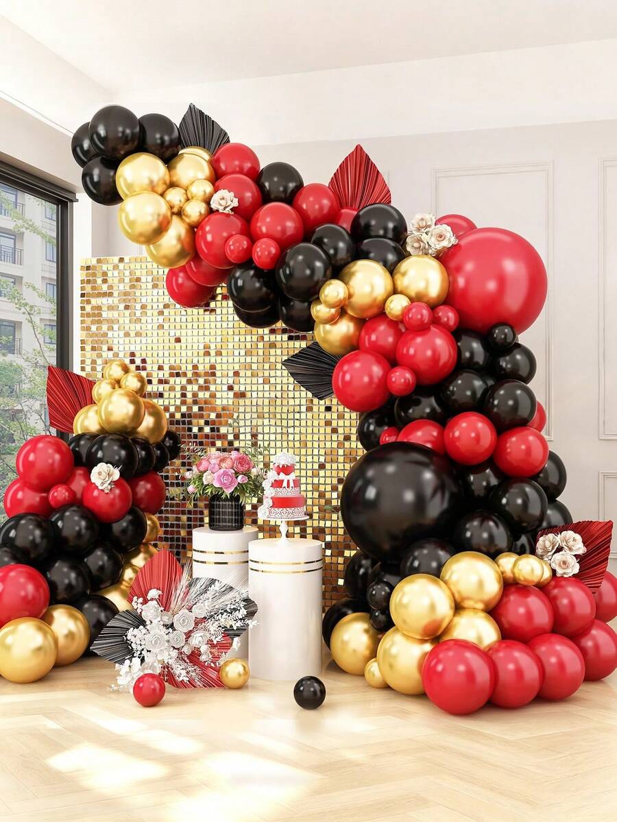 115pcs Red‑Black Balloon Arch Kit; 5/10/12/18 Inch Balloons In Black, Red And Gold, Suitable For Birthday, Baby Shower, Wedding, Engagement And Anniversary Party Decorations