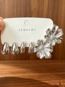 6/18PCS Fashionable Elegant Floral Geometric Multi-Element Silver Earrings Set, Women's Fashion Earrings Set, Daily Wear, (Lightweight CCB Material, Non-Fading) Suitable For Various Party Occasions. - Silver - View 6