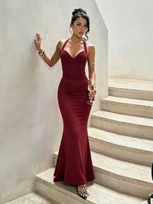 Autumn Solid Color Halter Neck Slim Fit V-Neck Dress, Elegant Women's Dress For Party And Date - Burgundy - View 3