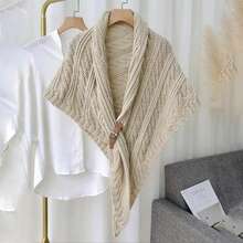 1pc Fashion Solid Color Triangle Cape Shawl With Leather Buckle, Warm Diagonal Stripe Cloak For Spring And Autumn - Multicolor - View 9