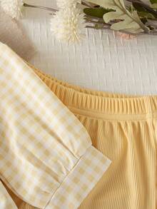 Autumn/Winter Baby Girl Cute Stylish Cream 3D Floral Long Sleeve Set & Plaid Patchwork 2 In 1 Top With Drapey Ribbed Flare Pants Casual Outfit - Yellow - View 5
