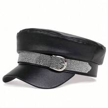 1pc Women's Metal Buckle Leather Cap - Black - View 5
