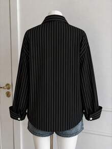 Fashion Striped Print Women's Elegant Versatile Loose Long Shirt, Suitable For Commuting And Daily Wear, All Seasons - Black - View 4