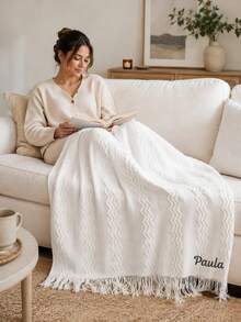 1PC Wavy Line Jacquard Knit Throw Blanket With Custom Embroidery, Customizable Text Detail Featuring Tassel Fringe Edge Trim, 3 Color Choices For Indoor Home Space, Home Accent Piece For Sofa Bed Living Area, Nice Holiday Gift Option For Family - Multicolor - View 6