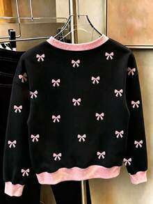 Youth Girl Bowknot Pattern Print Crew Neck Long Sleeve Sweatshirt - Black - View 2
