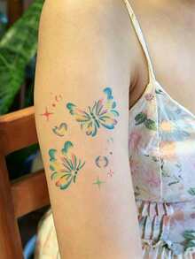 1 Sheet Pastel Gradient Butterfly Temporary Tattoo Sticker, Cute Sparkle Heart Star Pattern Waterproof Fake Tattoo For Shoulder Arm Body Decor For Girls - Multicolor - View 4