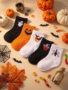Infant/Children 5 Pairs Halloween Pumpkin/Ghost/Bat Pattern Orange Casual Elastic Mid-Calf Socks - Multicolor - View 8