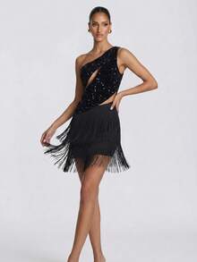 Sexy & Charming Black Sequin Asymmetric Multi-Layer Tassel Hem Mini Cocktail Party Dress - Black - View 5