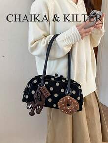 CHAIKA & KILTER 1pc Contrast Color Matte Suede Fabric Women's Vintage Fashion One Shoulder Bowling Bag, All-Over Polka Dot Pattern, Contrast Color Quilted Stitching, Dual Handle Design, Zipper Closure, Suitable For Daily And Travel Use (Includes Pendant) - Black - View 5