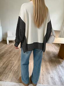Sweater Rajut Wanita SEREN Baru Kerah Semi Tinggi Motif Patchwork Bergaris, Atasan Lengan Panjang Desain Longgar, Cocok untuk Pemakaian Harian dan Musim Gugur - Hitam dan Putih - View 6