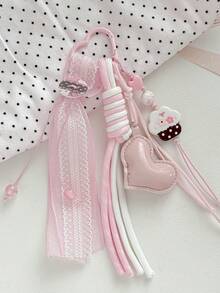 Korean Style Pink Cake Heart Bag Charm, Lace Ribbon Braided Rope Keychain, Cute Girly Bag Pendant - Multicolor - View 9
