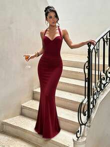 Autumn Solid Color Halter Neck Slim Fit V-Neck Dress, Elegant Women's Dress For Party And Date - Burgundy - View 5