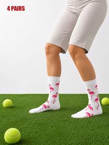 4 Pairs Women Flamingo Jacquard Tennis Crew Socks, White All‑Over Pink Flamingo Printed Rib Cuff High‑Stretch Moisture‑Wicking Wear‑Resistant Knit - Multicolor - View 9