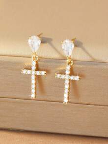 1pc Women's / Cross Earrings Vintage Classic Full Zirconia Inlaid Minimalist Exquisite Gentle Elegant Suitable For Birthday Party, Gathering, Christmas, Thanksgiving, Easter - Multicolor - View 10